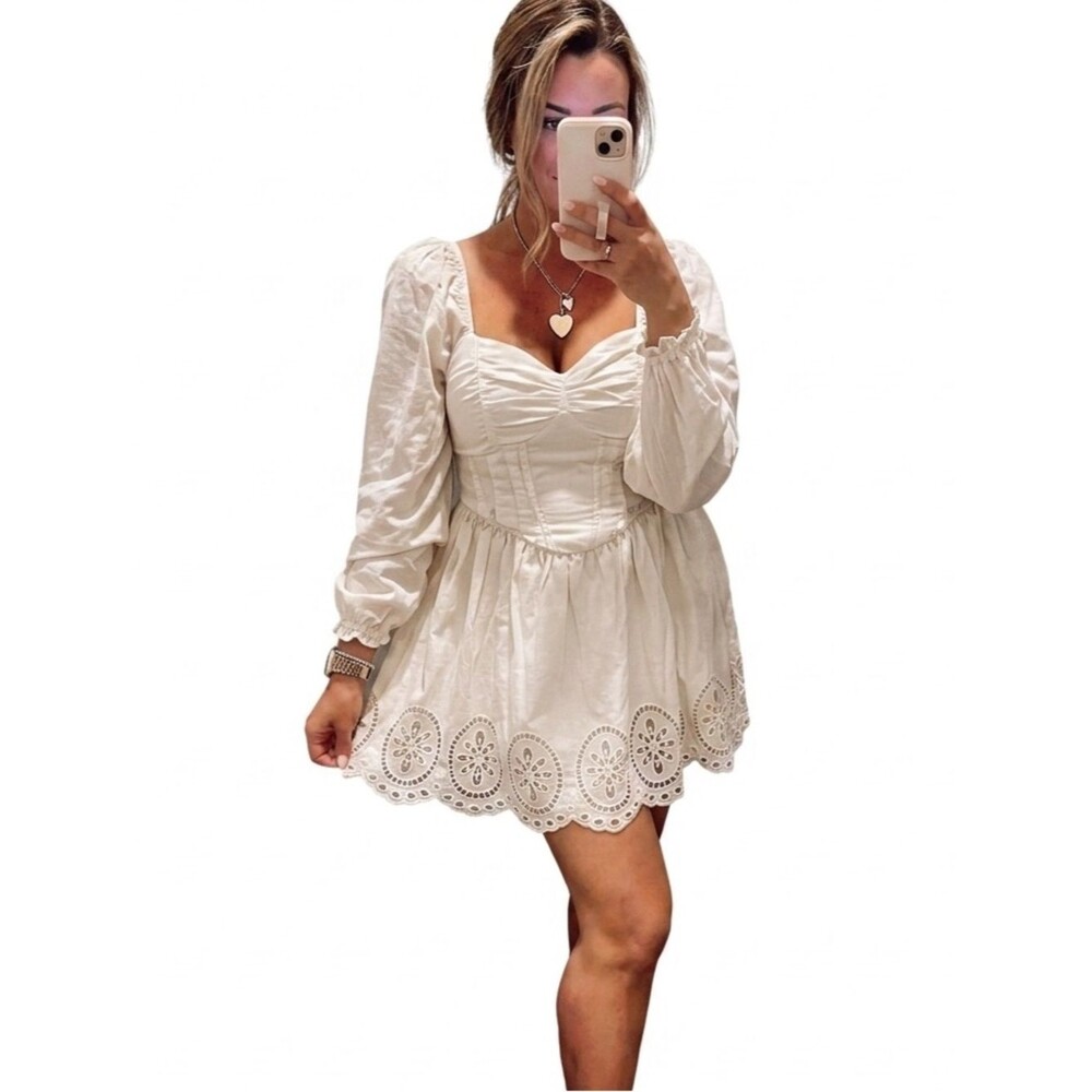 American Eagle Sweetheart Corset Eyelet Mini Dress Off White Cottagecore Boho S